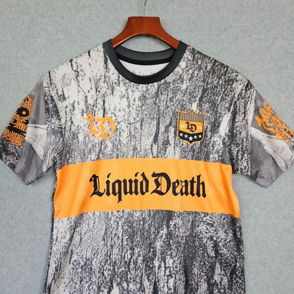 Liquid Death Mountain Water Soccer Jersey Grey Orange Static Print Size Small